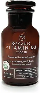 Movita sertifikalı Organik Vitamin D3 2500IU – Enerji, Immune Health & Bone Strength – Fermented Whole Foods, Organic, Vegan, Gluten-Free, Non-GMO – 30 Günlük Supply (Glass Şişe)