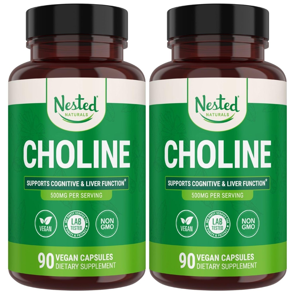 Nested Naturals Choline Bitartrate 500 mg - Yüksek Potency Choline Supplements - Hamilelikte Maternal & Fetal Sağlık* -% 100 Vegan & Non-GMO - 2Pack (180 Vegan Capsules)