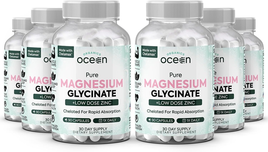 Οργανικά Ocean Pure Magnesium Glycinate with Zinc - Maximum Strength Chelated Magnesium Supplement for Women and Men for Muscle Cramps and Sleep Support - 6 Μπουκάλια