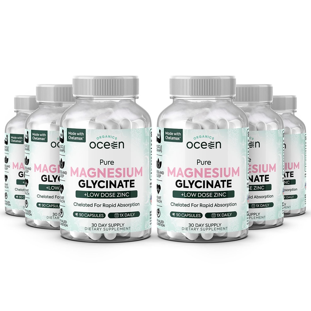 Organiks Ocean Pure Magnezyum Glycinate with Çinko - Kas Cramps ve Uyku Desteği için Kadınlar ve Erkekler için maksimum Güçlü Chelated Supplement Magnezyum - 6 Şişes
