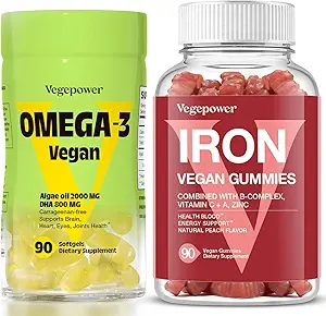 Vegan Iron Gummies + Vegan Omega-3 | Iron Supplement Support Blood Healthy & Daily Energy for Adults & Kids | Algae Omega-3 DHA Supplements for Brain, Heart Eyes Health- 90 Count
