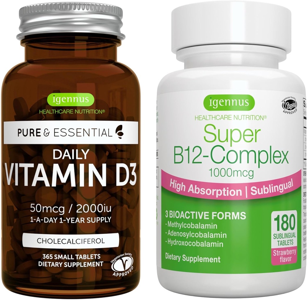 Günlük D3 + Super B12-Complex, Vegetarian Sche, 365 2000iu Vitamin D3 Tablet + Yüksek Absiyon Sublingual B12, by Igennus
