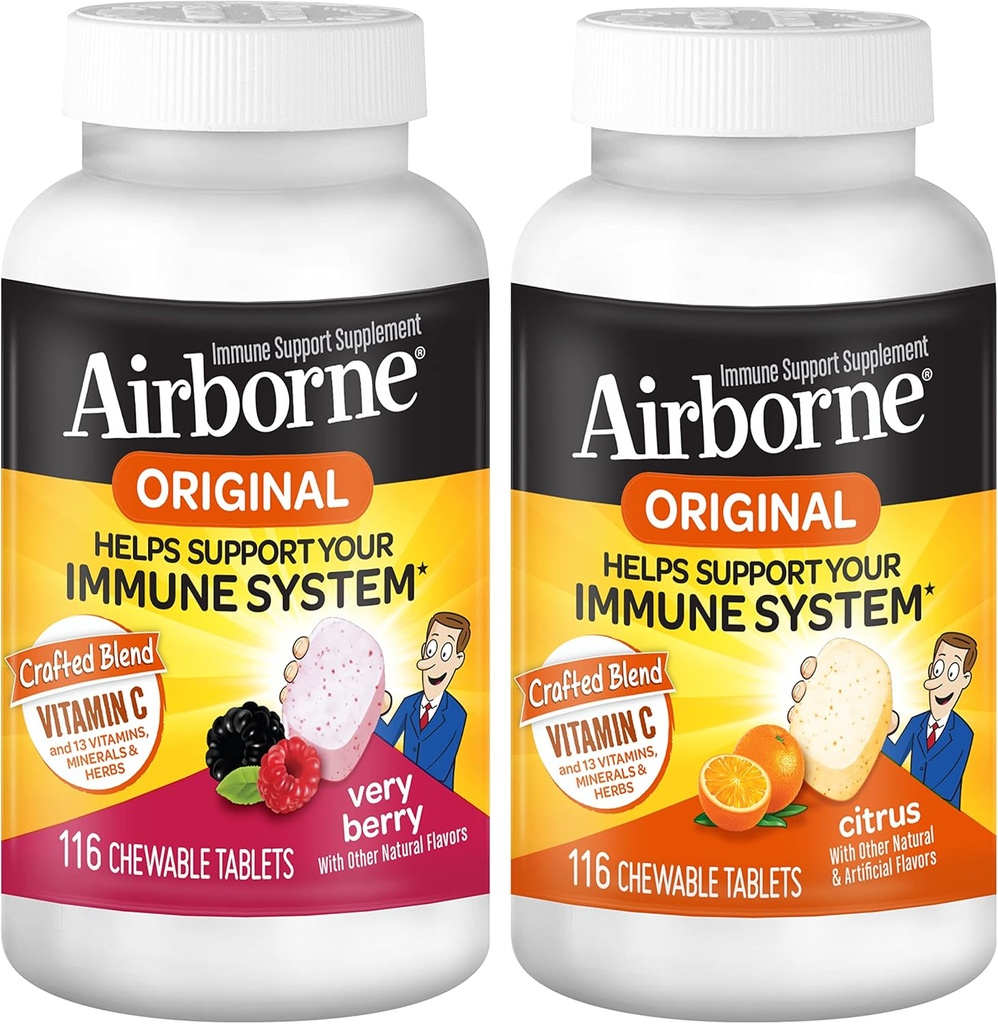 Airborne 1000mg Βιταμίνη C Μασώμενα δισκία Εσπεριδοειδή & Πολύ Berry Flavor Bundle - Συμπλήρωμα Υποστήριξης Ανοσοποιητικού με ψευδάργυρο και Ισχυρές Αντιοξειδωτικές Βιταμίνες A C & E, (2x116ct φιάλες)*