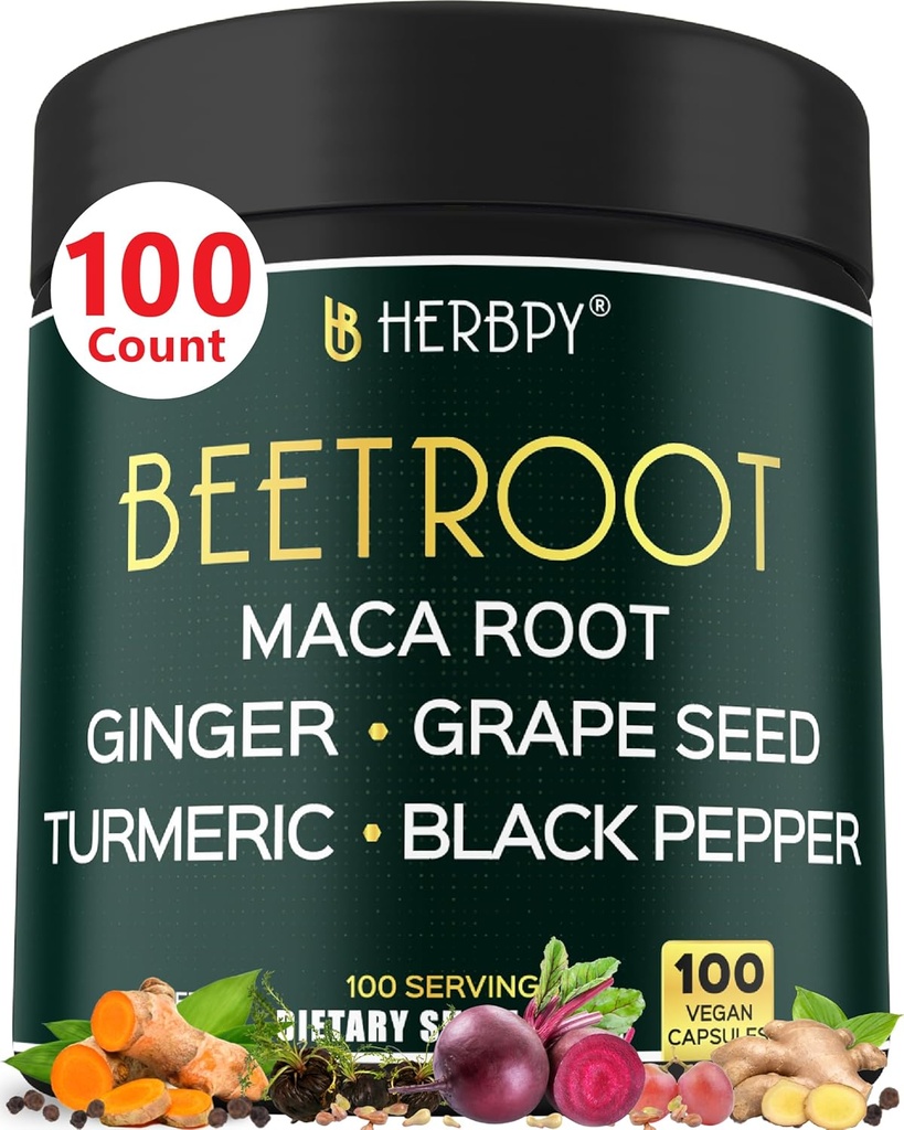 6in1 Beetroot Supplement with Maca Root, Grape Seed, Ginger, Turmeric and Black Pepper for Heart Health & Immune Support - 100 Vegan Capsules