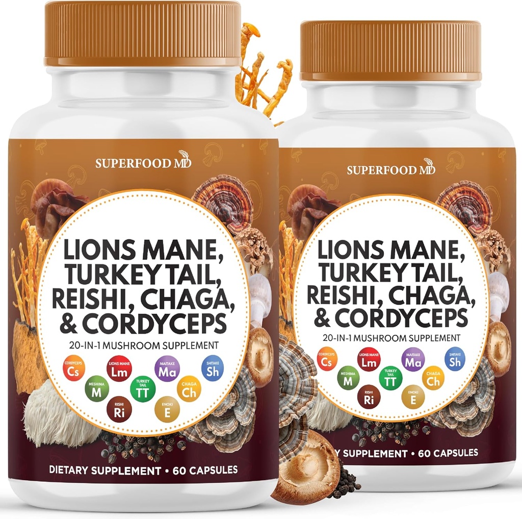 Lions Mane Mushroom Supplement with Turkey Tail Reishi Cordyceps Chaga with Marshmallow Root - 120 Count