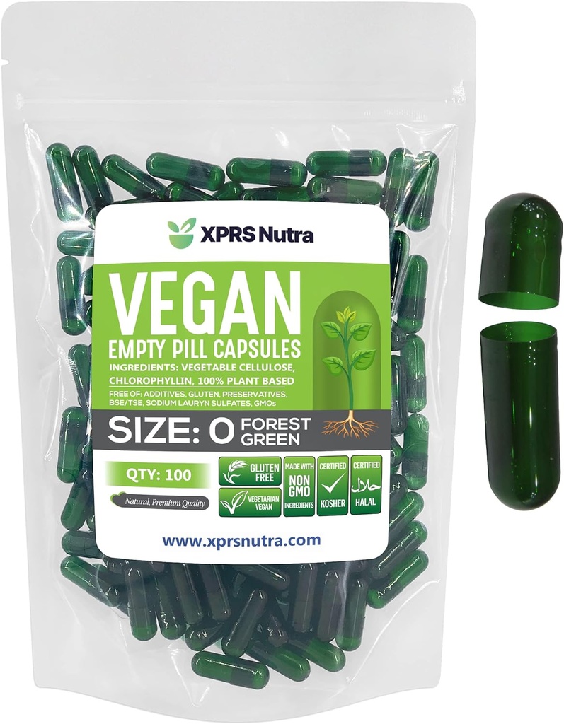 XPRS Nutra Boyutu 0 Boş Kapsüller - 100 Kont Boş Vegan Capsules - Vejetaryen Pills - DIY Sebze Kapsülü - Veggie Pill Caps for Do-It- Yourself Supplements (Forest Green)