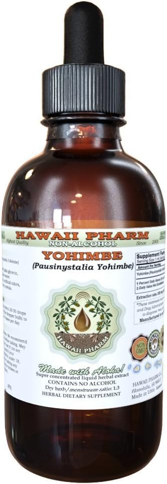 Hawaii Pharm Yohimbe Alkol Özgür Sıvı, Yohimbe Sıvı (Pausinystalia Yohimbe) kuru Bark Glycerite Natural Herbal Supplement, USA 4 fl.oz