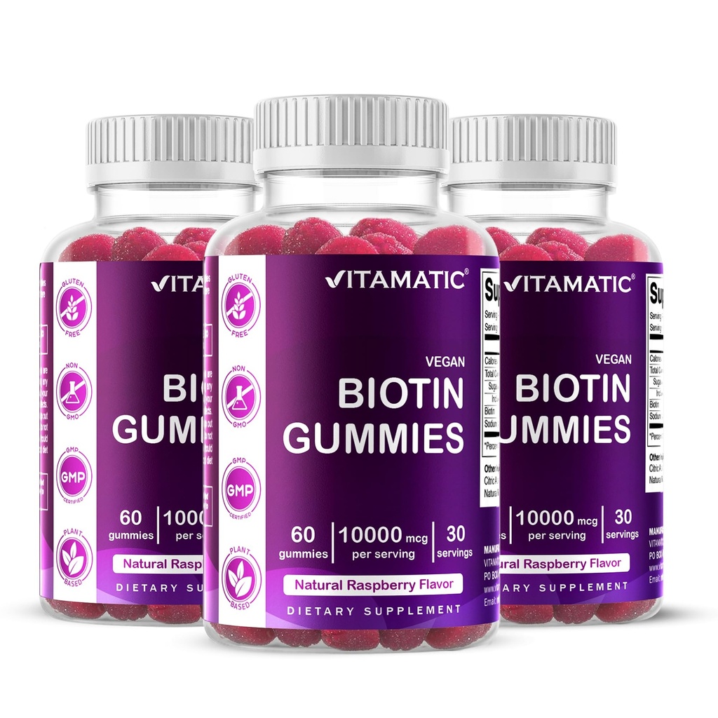Vitamatic Biotin Gummies 10.000 mcg για ισχυρότερα μαλλιά, δέρμα & νύχια - 60 Vegan Gummies - Επίσης ονομάζεται βιταμίνη B7 (3 μπουκάλια)
