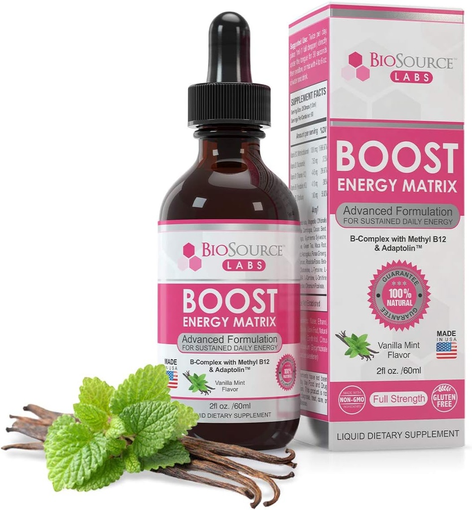 Boost Energy Matrix –Vegan Vitamin B-Complex Sublingual Liquid Drops w/Methyl B12 & Adaptolin (2oz / 60 ml Şişe)