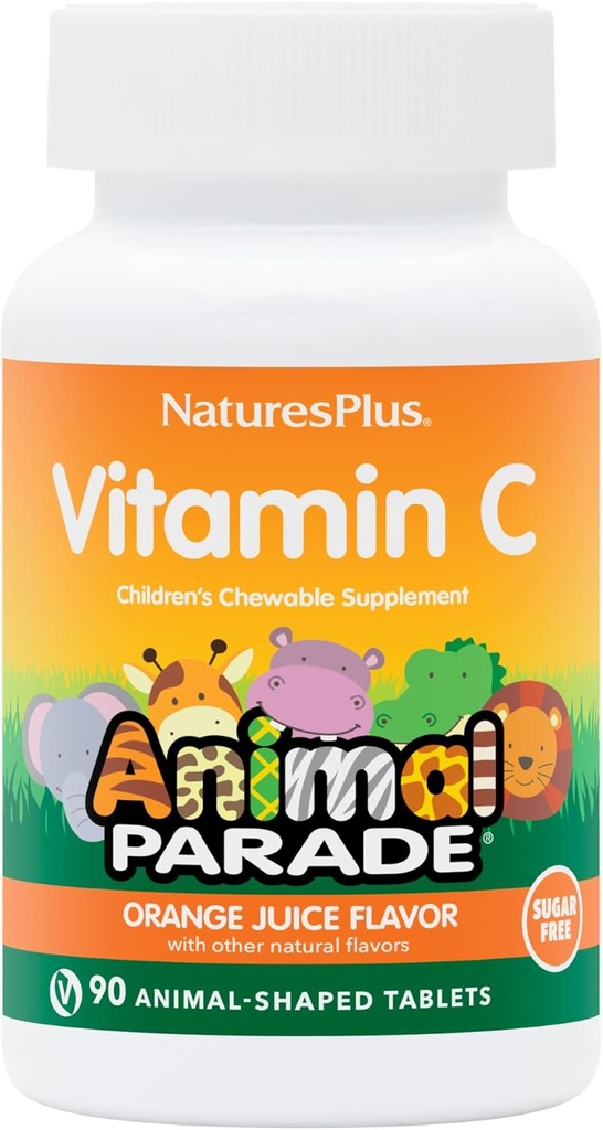 Natures Plus Animal Parade Sugar-Free Children's Vitamin C, Natural Orange Juice Flavor - 90 Chewable Animal Şekild Tabletler - Immune Support - Gluten Free - 45 Hizmetler