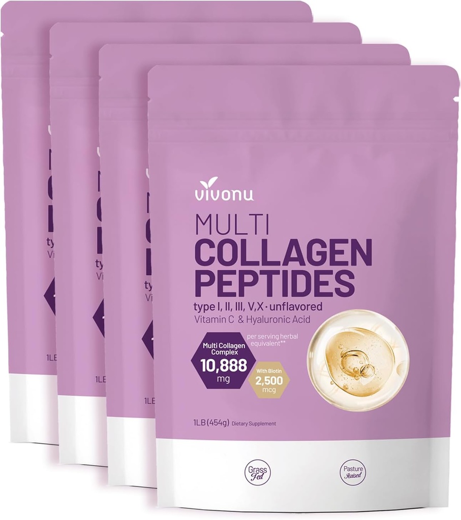 PHNu Multi Collagen Vivo Toz, 16 Oz Hydrolyzed ProteinPack | Tip I,II,III,V,X With Hyaluronic Acid, Biotin & Vitamin C Unflavored Keto Paleo Friendly, Ez Mix in Drinks (4LB/4Pack)