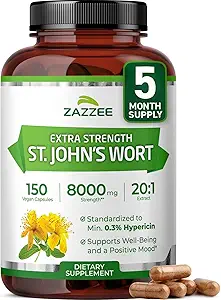 Zazzee Extra Strength St. John's Wort 20:1 Extract, 8000 mg Strength, 0.3% Hipericin, 150 Vegan Capsules, 5 Ay Supply, Interd, Standardized 20X Extract, 100% Vegetarian, Non-GMO, All-Doğal,