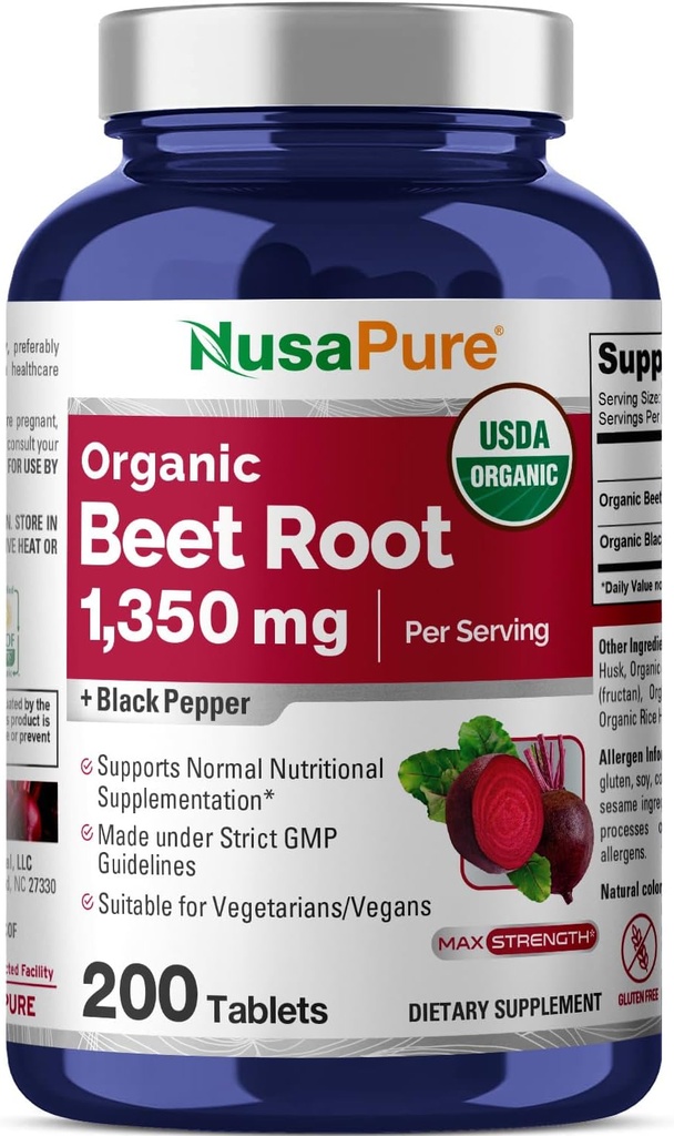 NusaPure Beet Root 1,350 mg 200 Organik Tabletler (Vejetary, USDA, Non-GMO & Gluten Free) Black Pepper Pepper