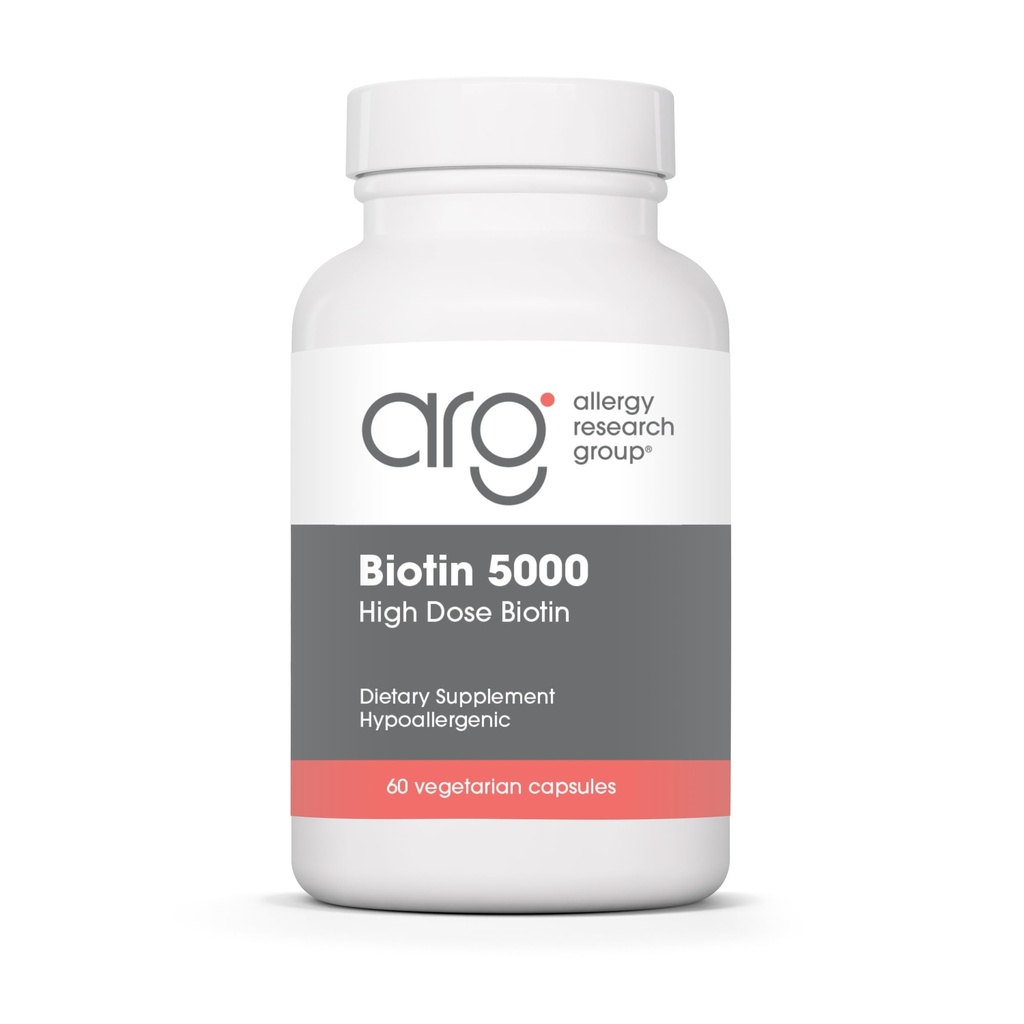 Alerji Araştırma Grubu Biotin 5000 Supplement - 5000mcg Biotin, Saç, Cilt ve Çiçekler için Vitaminler, Yüksek Dose, Vejetary Capsules, Hipoallergenic, Gluten Free - 60 Count Biotin, Gluten