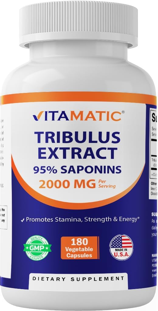 Erkekler için Vitamatic Tribulus Terrestris - 2000 mg hizmet başına -% 95 Saponins - 180 Sebze Kapsülleri - ABD'de Yapılacak - Gluten Free & Non-GMOMO