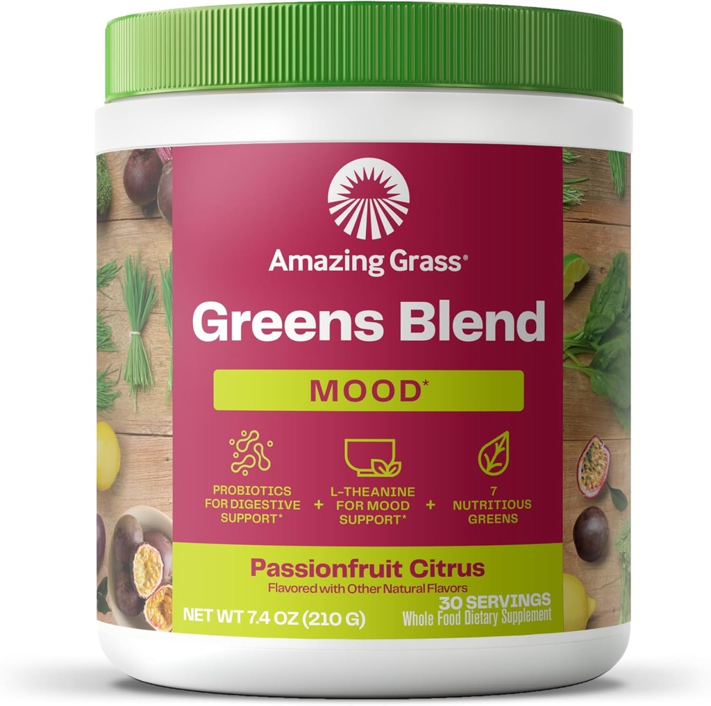 Amazing Grass Greens Mod Mood: Super Greens Toz Smoothie Mix for Mood, Relaxation & Stress Support with Organic Spirulina, Chlorella, Beet Root Toz, Digestive Enzymes & Probiyotiks, 30 Hizmet
