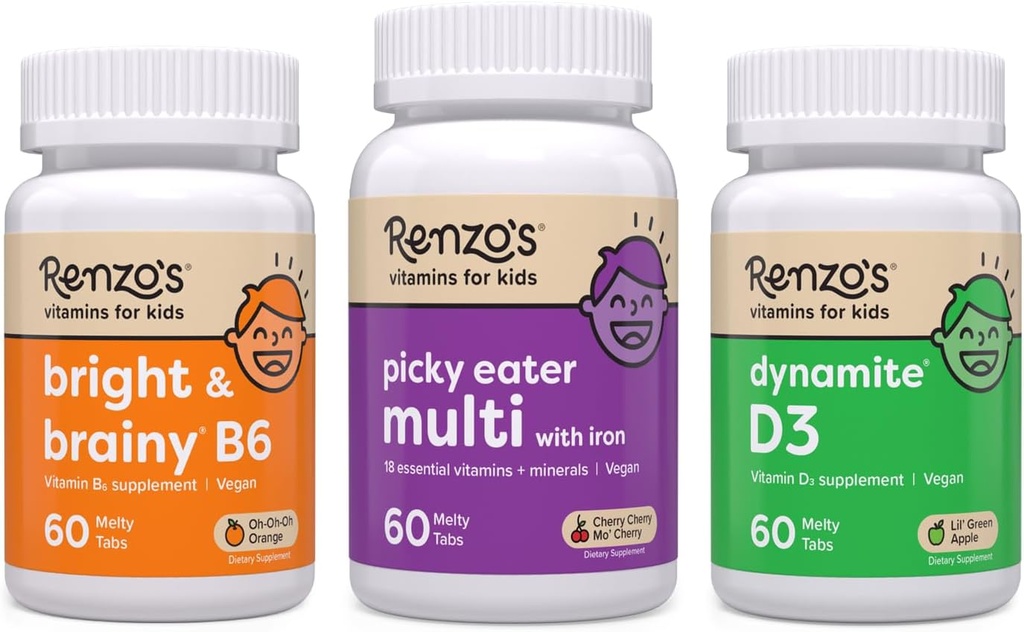 Βιταμίνες Renzo Adventurous Kid Bundle - Picky Eater Kids Multivitamin, Βιταμίνη D3 για παιδιά, και Φωτεινή & Εγκέφαλη βιταμίνη B6