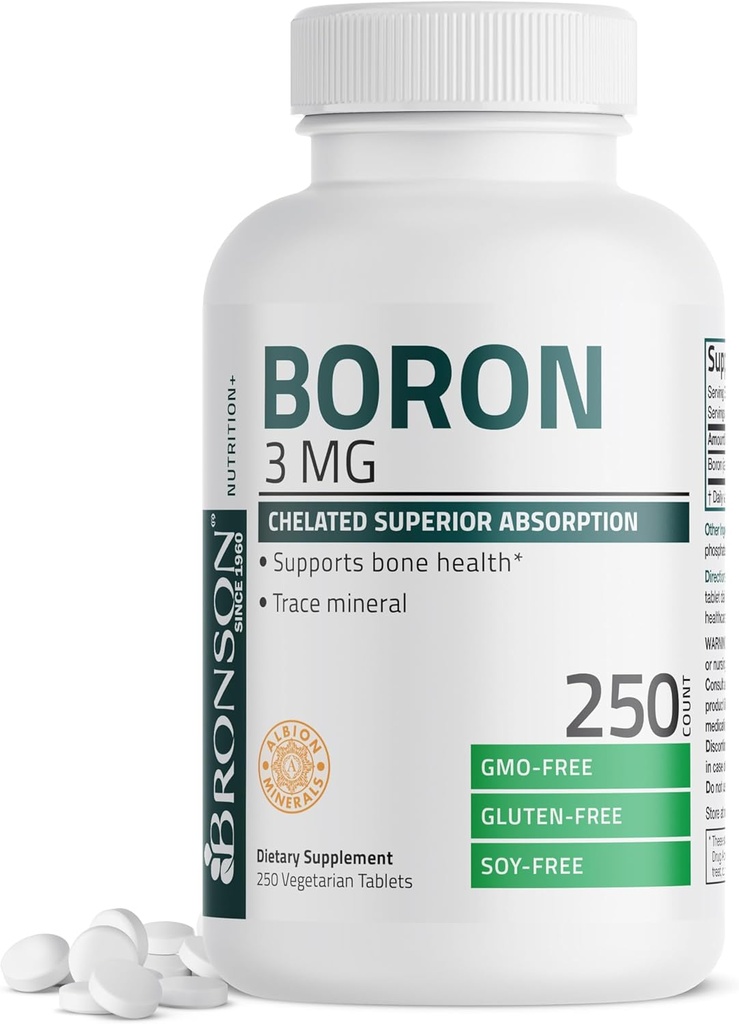 Bronson Boron 3 MG Chelated Superior Abvitamin Desteği Bone Health Trace Mineral, Non-GMO, 250 Vejetaryen Tabletler