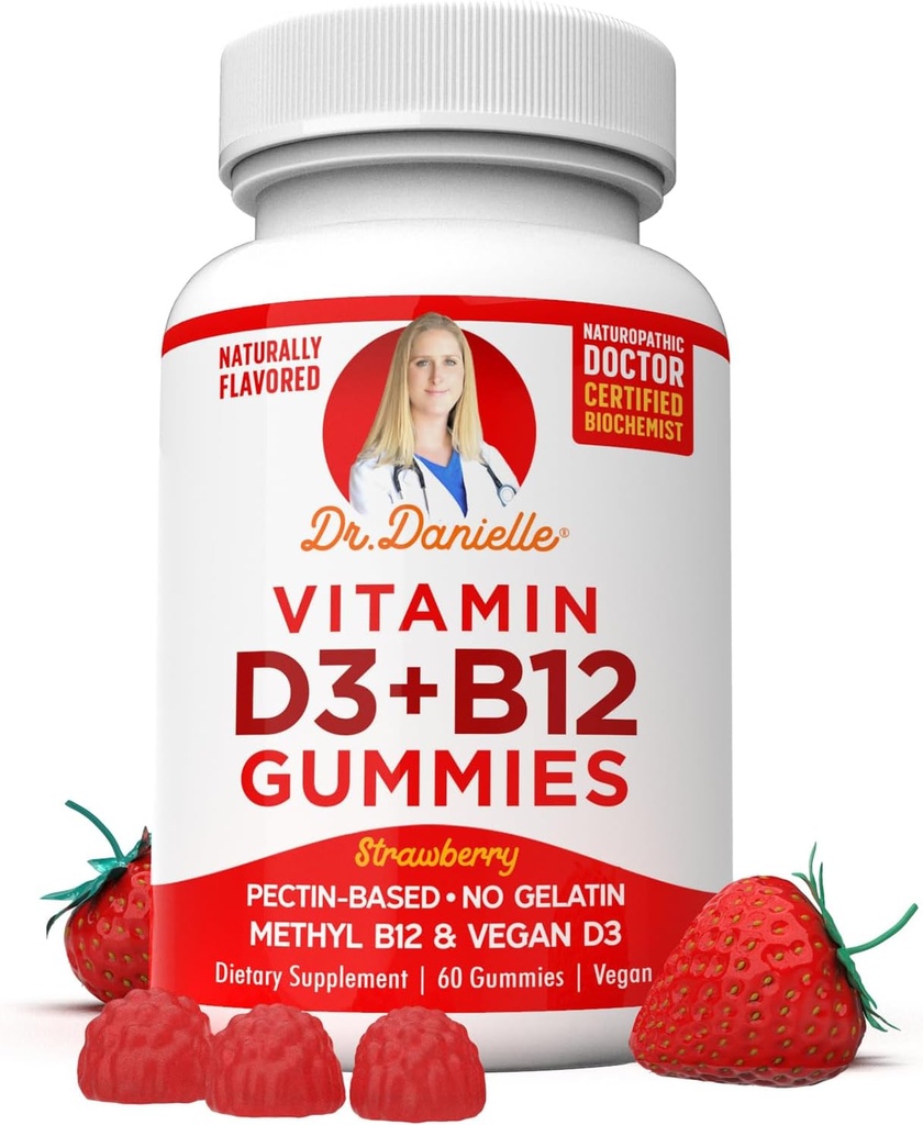 Βιταμίνη D3, B12 Gummies από τον Δρ Danielle, Vegan ημερήσιο συμπλήρωμα για ενήλικες & παιδιά, μη-GMO, βιταμίνη D3 1000 IU & 250 mcg Βιταμίνη B12, 2 μήνες προσφοράς (60 Gummies)