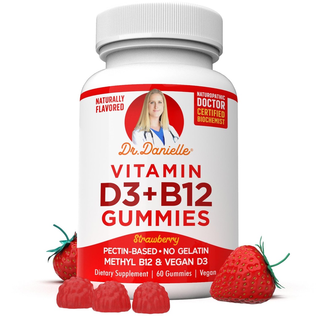 D3 Vitamin B12 Gummies by Dr. Danielle, Vegan Daily Supplement for Yetişkinler & Çocuklar, Non-GMO, Vitamin D3 1000 IU & 250 mcg B12, 2 Ay Supply (60 Gummies)
