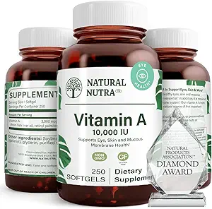 Natural Nutra Vitamin A 10. 000 IU Softgels – Υψηλής ισχύος Βιταμίνες ματιών και δέρματος – Χωρίς γλουτένη Βιταμίνη Α συμπλήρωμα για την όραση και την υγεία του δέρματος – Λάδι από συκώτι ψαριών για άνδρες και γυναίκες, χωρίς γλουτένη, 250 Softgels