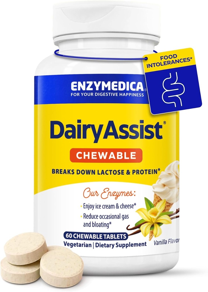 Enzymedica DairyAssist Chewable, 2in-1 Süt, Lactose ve Casein Digestion, Fast-Acting Formula for Gas and Bloating Relief, 60 Chewable Tabletler