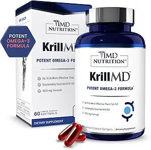 1MD Beslenme KrillMD - Antarktika Krill Oil Omega 3 Supplement with Astaxanthin, EPA, DHA | 2X Daha Etkili Balık Yağı | 60 Softgels