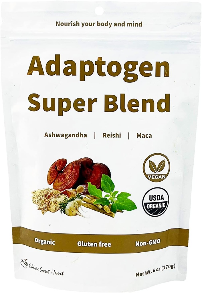Cherie Sweet Heart Adaptogen Super Mix, USDA Organic, Maca + Reishi + Ashwagandha, 6 Ounce Bag, Non-GMO, Vegan, Gluten Free