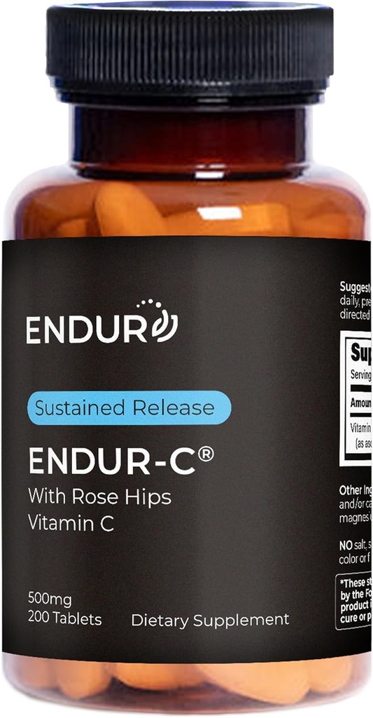 Endur ENDUR-C Βιταμίνη C με Rose HIPS, Υποστηρίζει την παραγωγή κολλαγόνου, αντιοξειδωτική προστασία & απαλή πέψη, χωρίς γλουτένη, 500mg (200 δισκία)