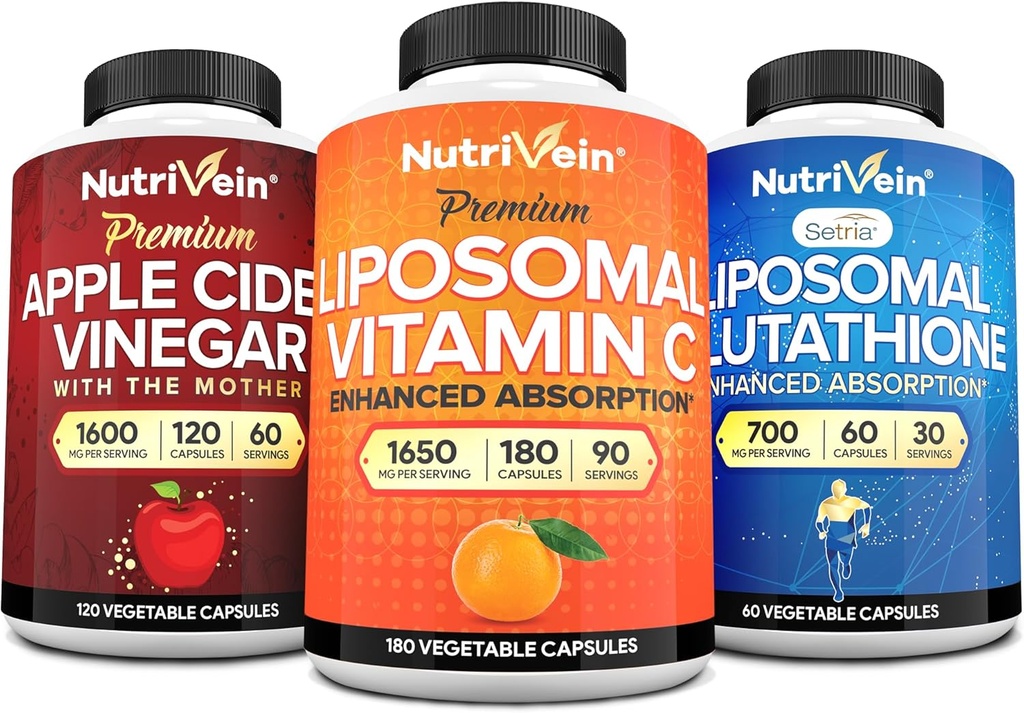 Nutrivein Premium Liposomal Glutathione, Apple Cider Vinegar Capsules & Vitamin C Supplement Sche: C, ACV Capsules, & Glutathione Supplement Sche for Cellular Defense & Detox