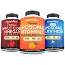Nutrivein Premium Liposomal Glutathionone, κάψουλες μηλίτη μηλίτη, & συμπλήρωμα βιταμίνης C Δέσμη: Βιταμίνη C, κάψουλες ACV, & Glutathione Συμπλήρωμα Bundle για Κυτταρική Άμυνα & Detox