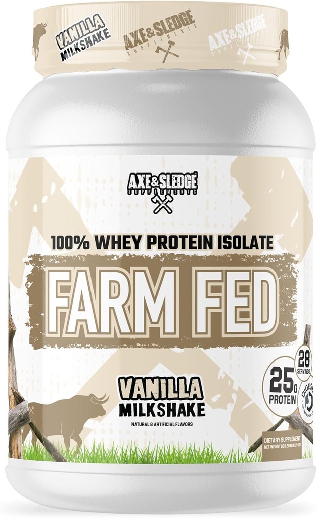 Axe & Sledge Farm Fed 100% Whey proteini | 25g protein | Low Carb, Low Sugar, Gluten Free | Protein Toz for Men and Women | DW | ABD'de Yap | 28 Hizmet, Vanilla Milkshake