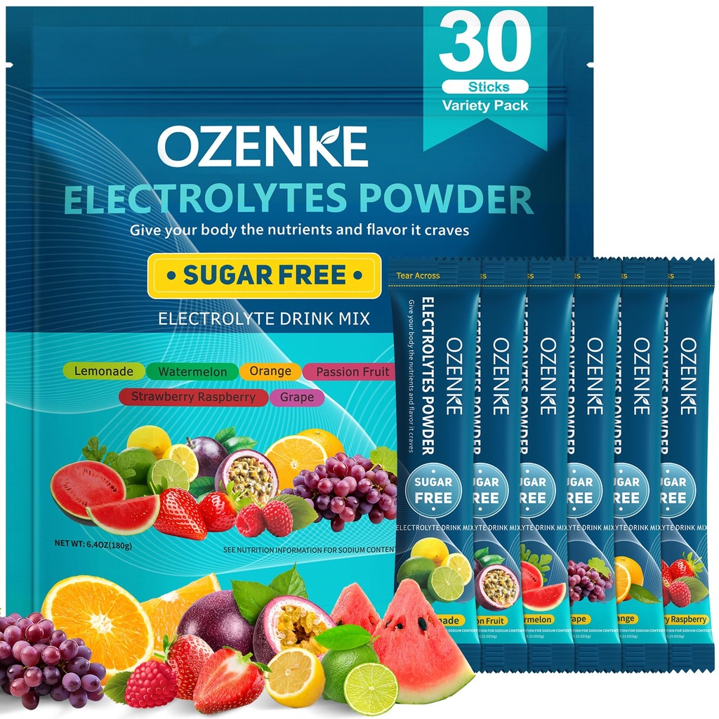 Elektrolytes Toz Paketleri, 30 Sticks Hydration Packets Sugar Free, Electrolyte Drink Mix Travel Electrolyte Packets for Rapid Hydration, 6 Flavors