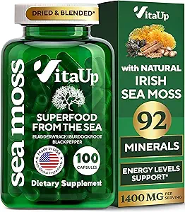 Wildcrafted Irish Sea Moss Capsules with Burdock Root & Bladderwrack - USA Made Sea Moss Advanced for Hair, Skin, Immune & Energy Levels Support - SeaMos Pills - 100 Vegan Capsules