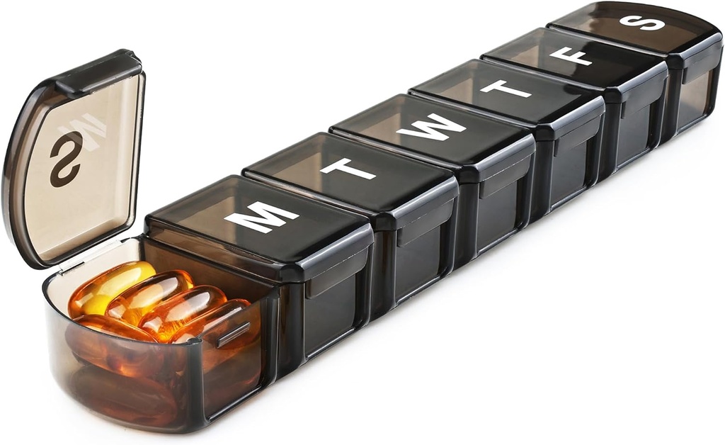 XL Haftalık Pill Box Organizer 7 Gün, 1 Hafta Jumbo Pill Terry Case One Time a Day, MOLN HYMY Günlük Tıp Konteyneri İlaçları, Vitaminleri, Balık Yağları ve Tamamlamak (Black Oils)
