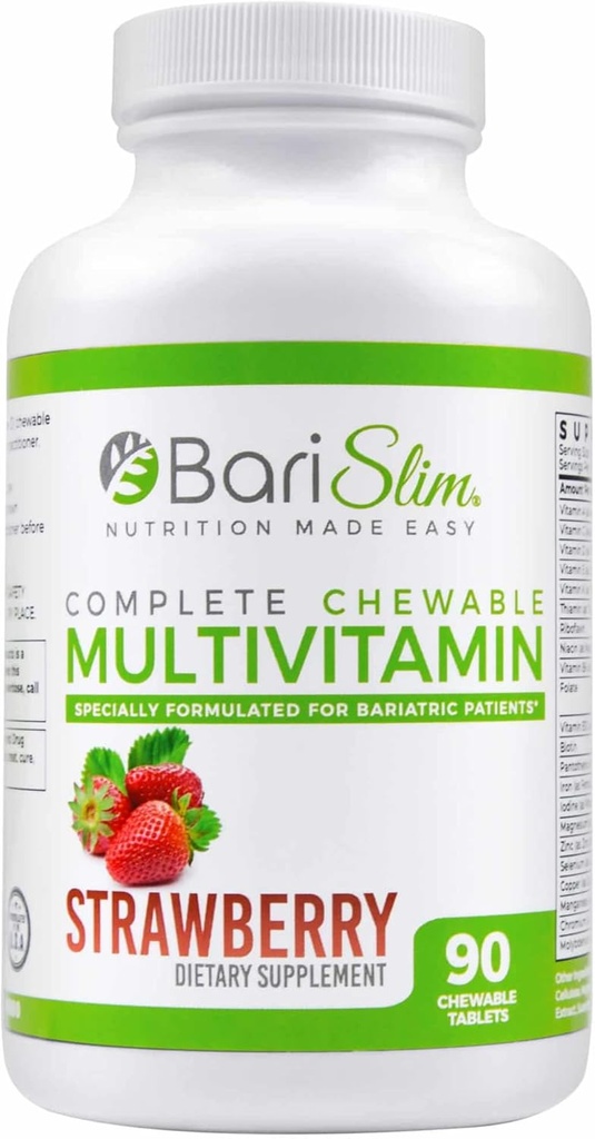 BariSlim Chewable Bariatric Multivitamin 45 mg Iron - Bariatrik Multivitamin for Post Bariatrik Cerrahisi Alüding Gastrik Bypass ve Gastrik Kol - Strawberry (90 Count)