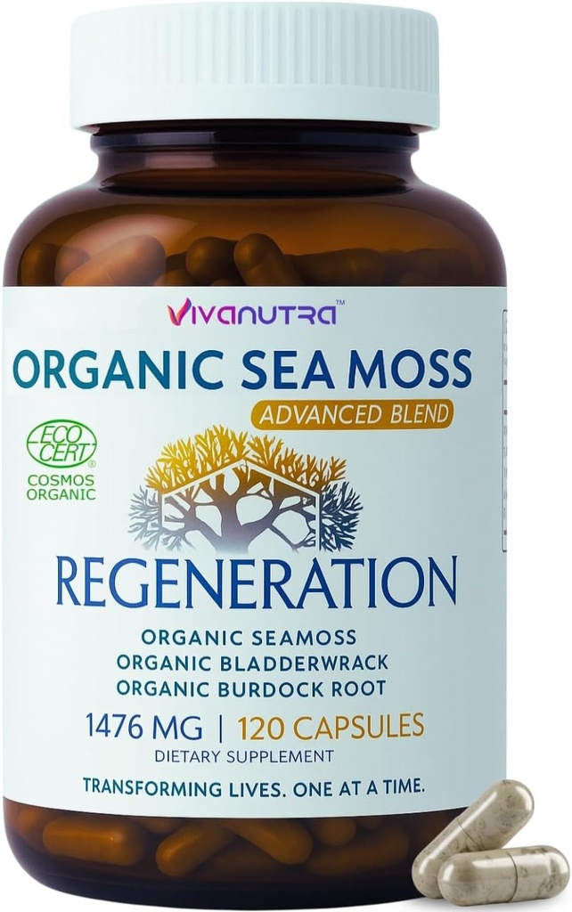 Sea Moss Capsules 1476 mg – Organik Seamoss Pills Superfood with Irish Sea Moss, Bladderwrack & Burdock | 120 Vegan Capsules for Vitality, Energy & Skin Support – Made in USA