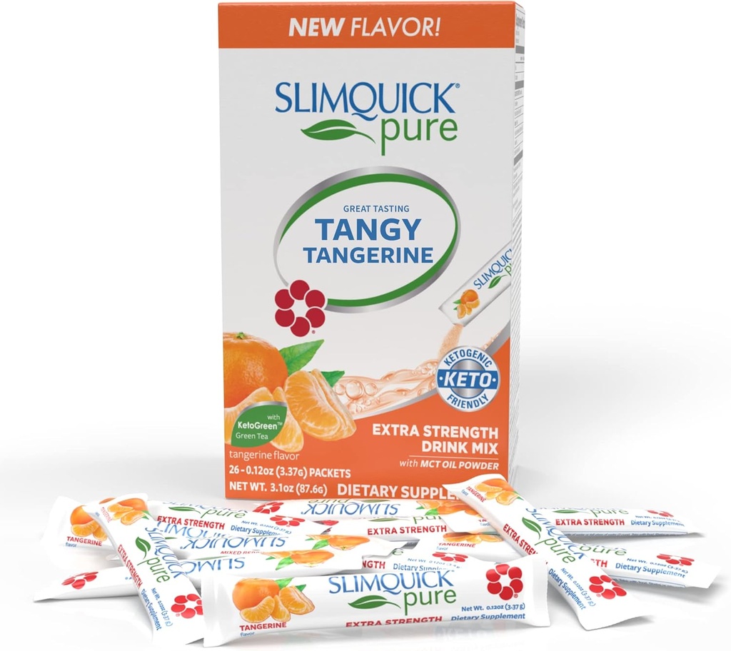 SlimQuick Extra Strength Kilo Management Drink Mix for Women, Tangerine - Helps Metabolism, Keeps Full for Longer with Green Tea, Caffine, Chaste Tree, Rhodiola Extract - 26 Count