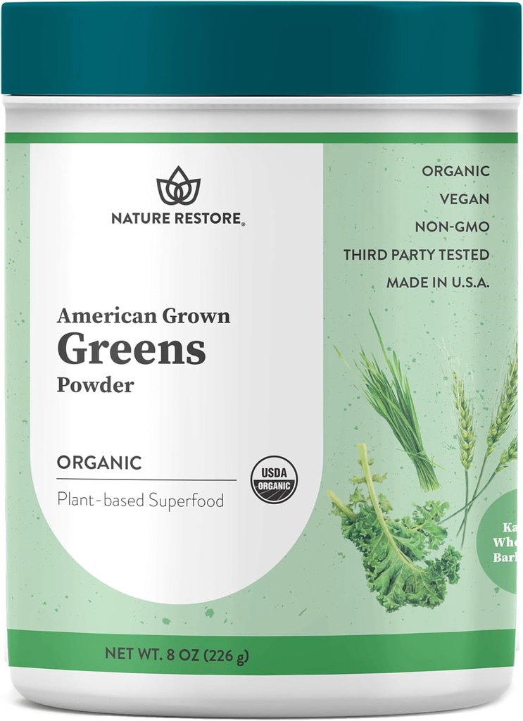 Nature Restore Greens Superfood Toz, USA Grown, Organik Kale, Barley Grass, Wheatgrass, Unsweetened, 8 Ounces, ABD'de Yapıldı