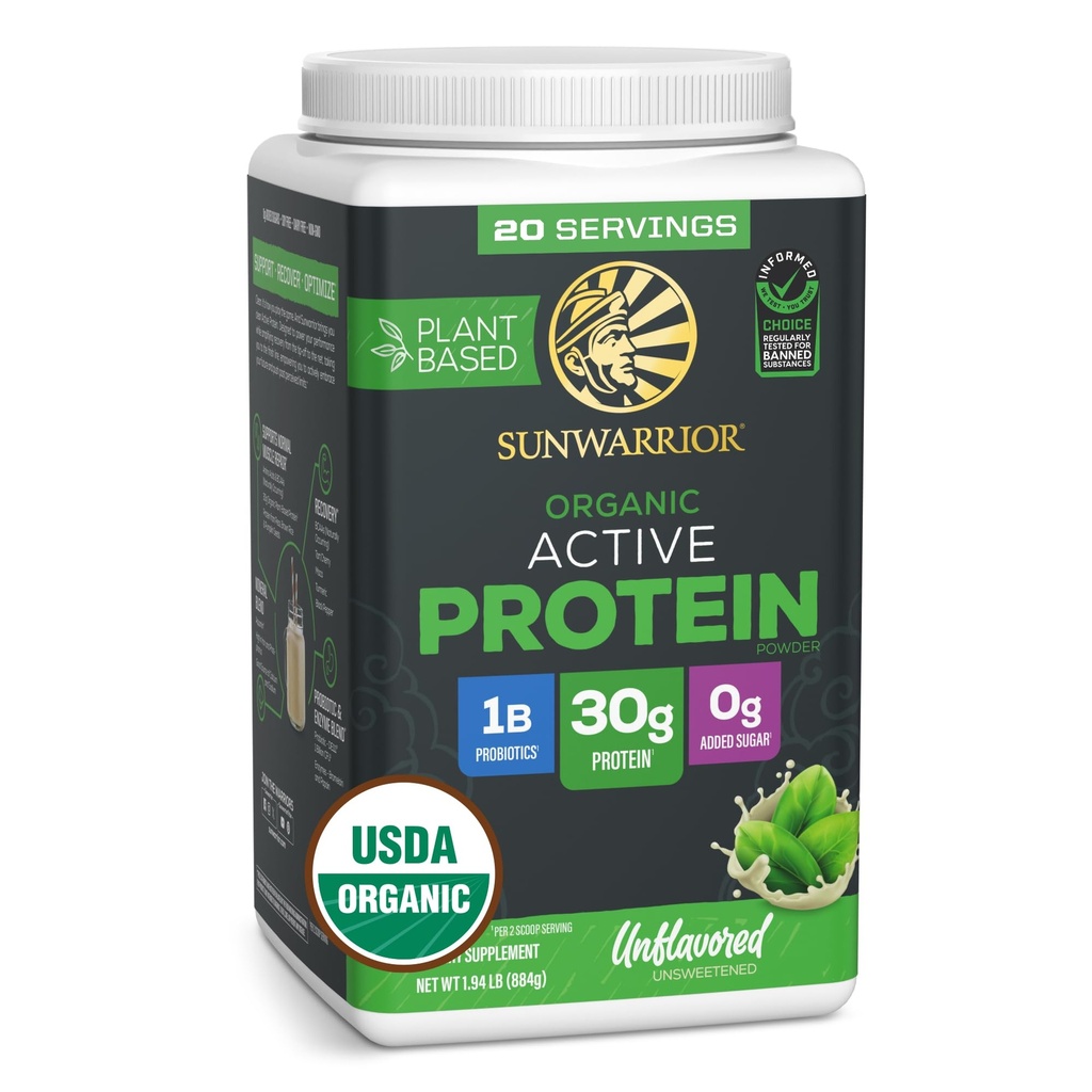 Sunwarrior Organic Plant Based Protein Powder | Vegan Organic Protein Powder with BCAA Amino Acids Plus Recovery Minerals & Botanicals | Non-GMO Soy Dairy & Gluten Free (Unflavored, 20 Servings)