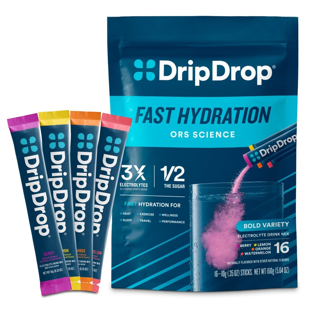 DripDrop Hydration Packets - Bold Diversity Pack - Single Serve Electrolytes Toz İçecek Mix - Watermelon, Berry, Lemon, Orange - Non-GMO, Gluten Free, Vegan - 16 Sticks