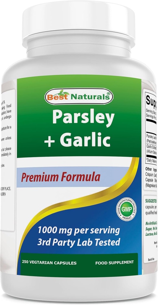 Best Naturals Μαϊντανός και σκόρδο 1000 mg ανά Σερβίρισμα 250 κάψουλες χορτοφάγων. Χωρίς γλουτένη και μη ΓΤΟ.