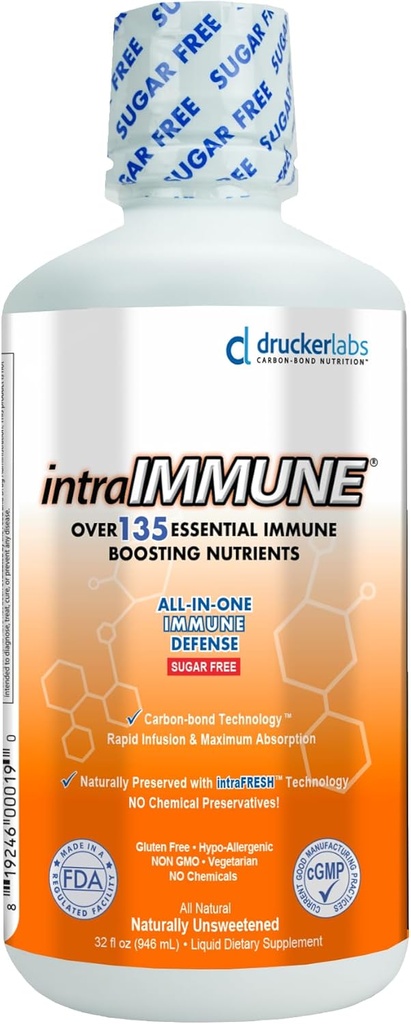 Drucker Labs -intraIM Organik Sıvı Günlük Immune & Savunma Desteği, Multivitamin, Elderberry, Echinacea, çinko, D, C E, Vegan, GMO, Gluten Free (32 oz., Sugar Free Peach)