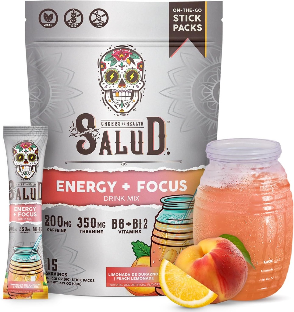 Salud 2in-1 Energy Drink Toz + Focus, Peach Lemonade, Organik Caffeine, B6 + B12, Theanine, Clean Energy Drink Packets, Agua Fresca Mix, Non-GMO, Gluten Free, Vegan, 1g of Sugar, (15 hizmet)
