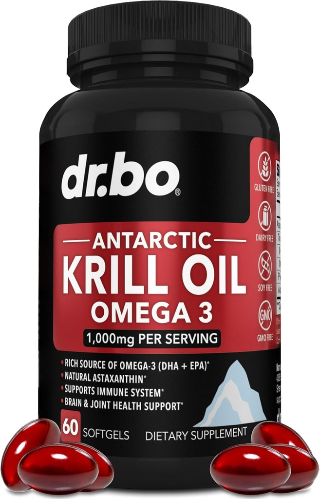 Krill Oil Omega 3 500 mg - Antarktika Krill Oil 1000 mg Softgels Capsules EPA, DHA, Astaxanthin, Phospholipids - Omega 3 Fatty Acids Supplements, Natural Pure Supplements for Women & Men - 60 Softgels