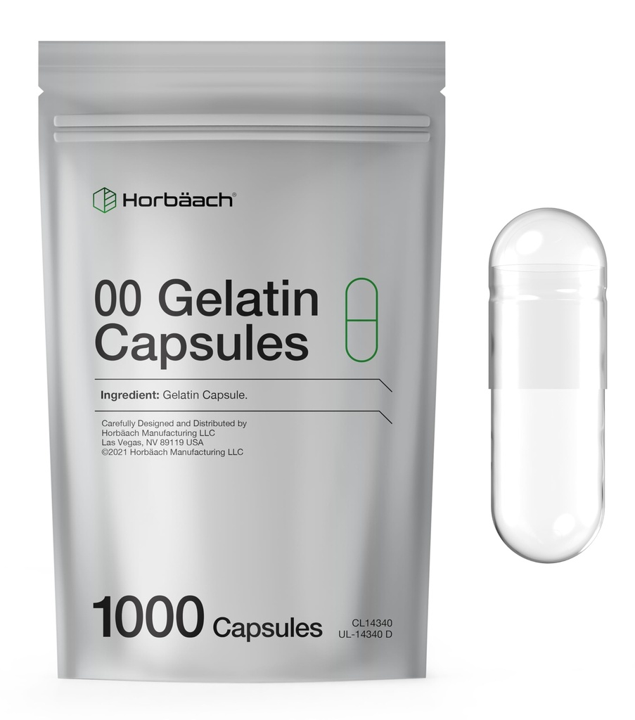 Boş Kapsüller Boyutu 00 | 1000 Clear Gelatin Capsules | Resealable Bag | Non-GMO, Gluten Free | By Horbaach