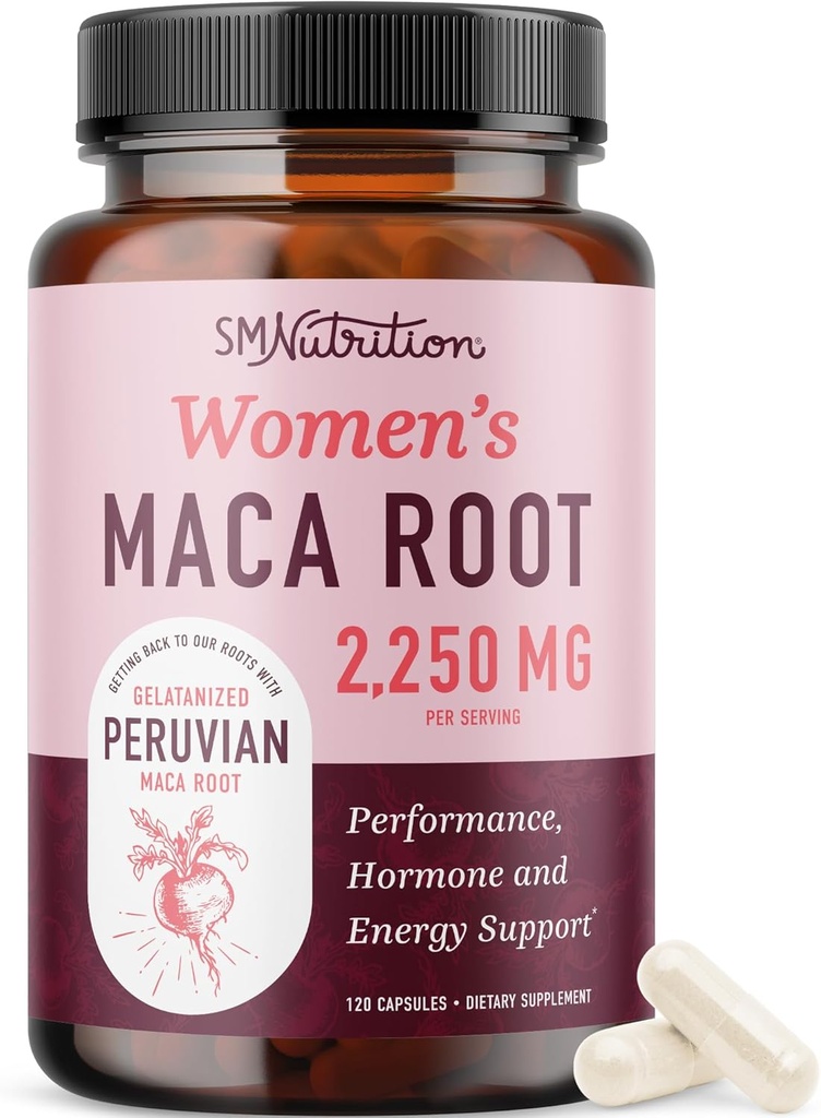 Kadınlar için Organik Maca Root Capsules | Peruvian Maca 2250MG Ekstra Kuvvet | Red, Black & Sarı Kök Toz Siyah Pepper ile | Enerji ve Hormon Dengesini Desteklemek için Diyet Supplement | 120 Ct