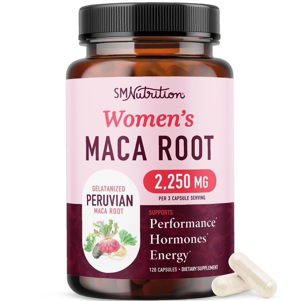Kadınlar için Organik Maca Root Capsules | Peruvian Maca 2250MG Ekstra Kuvvet | Red, Black & Sarı Kök Toz Siyah Pepper ile | Enerji ve Hormon Dengesini Desteklemek için Diyet Supplement | 120 Ct