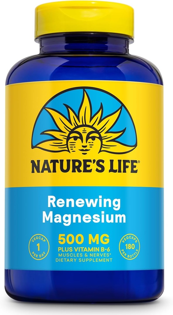 Natures Life Renewing Magnesium 500 mg - Plus Vitamin B-6 - Μυς και Νεύρα Υποστήριξη - Εργαστήριο Επαληθευμένο (180 Σερβιέτες, 180 VegCaps)