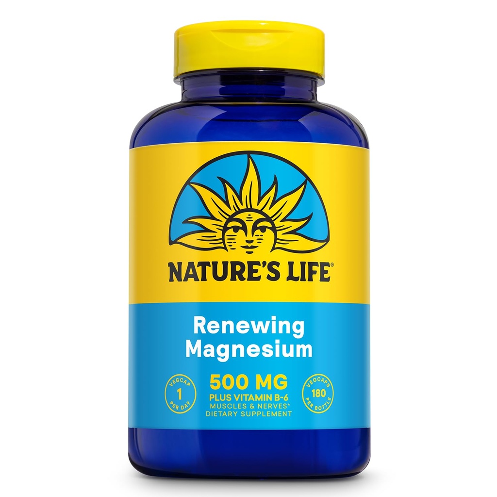 Natures Life Renewing Magnezyum 500 mg - Plus Vitamin B-6 - Muscles and Nerves Support - Lab programlanabilir (180 Hizmet, 180 VegCaps)